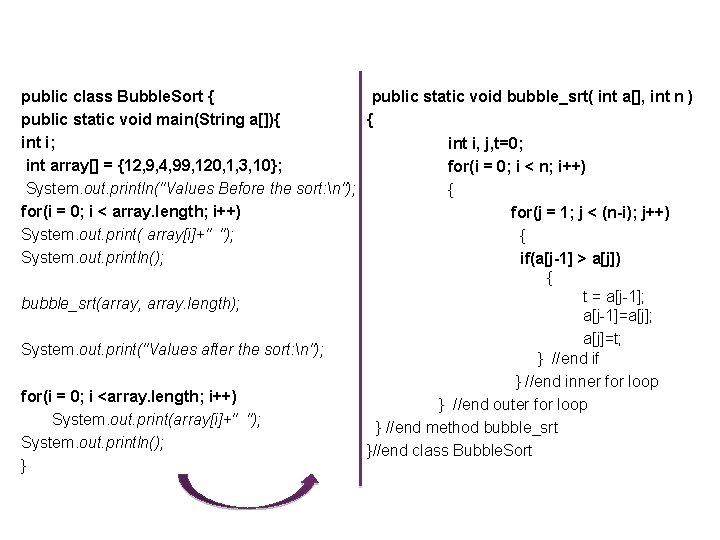 public class Bubble. Sort { public static void bubble_srt( int a[], int n )