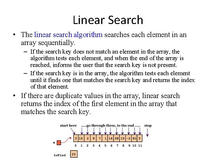 Linear Search • The linear search algorithm searches each element in an array sequentially.