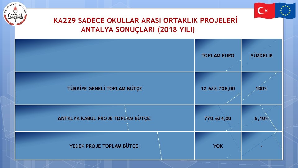 KA 229 SADECE OKULLAR ARASI ORTAKLIK PROJELERİ ANTALYA SONUÇLARI (2018 YILI) TOPLAM EURO YÜZDELİK