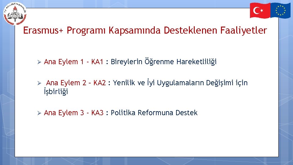 Erasmus+ Programı Kapsamında Desteklenen Faaliyetler Ø Ana Eylem 1 - KA 1 : Bireylerin