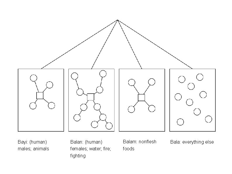 Bayi: (human) males; animals Balan: (human) females; water; fire; fighting Balam: nonflesh foods Bala: