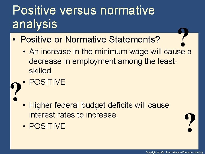 Positive versus normative analysis • Positive or Normative Statements? ? ? • An increase