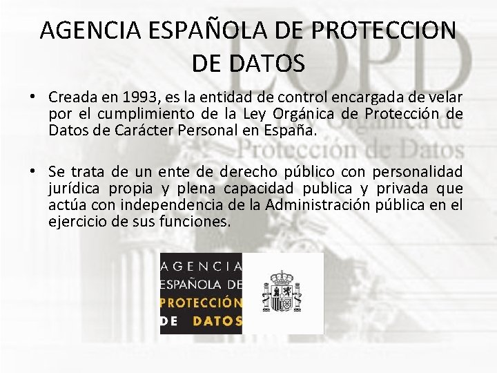 AGENCIA ESPAÑOLA DE PROTECCION DE DATOS • Creada en 1993, es la entidad de