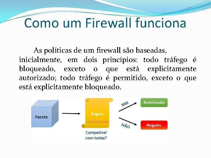 Como um Firewall funciona As políticas de um firewall são baseadas, inicialmente, em dois Como um Firewall funciona As políticas de um firewall são baseadas, inicialmente, em dois
