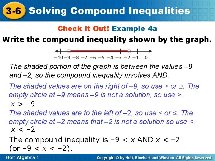 3 -6 Solving Compound Inequalities Check It Out! Example 4 a Write the compound