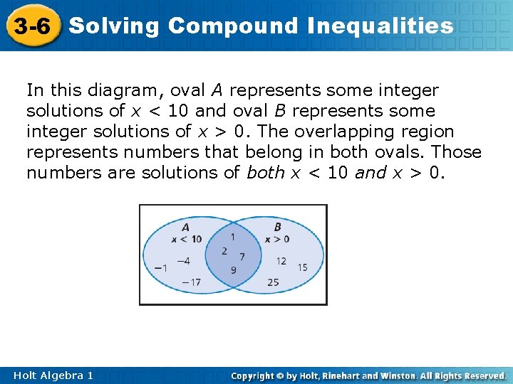 3 -6 Solving Compound Inequalities In this diagram, oval A represents some integer solutions