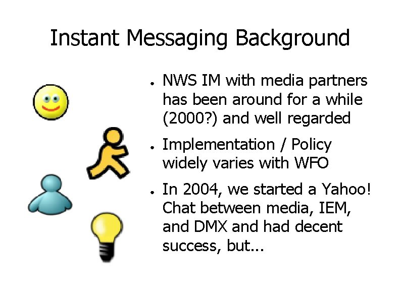 Instant Messaging Background ● ● ● NWS IM with media partners has been around