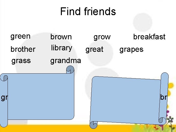 Find friends green brother grass gr brown library grow great breakfast grapes grandma br