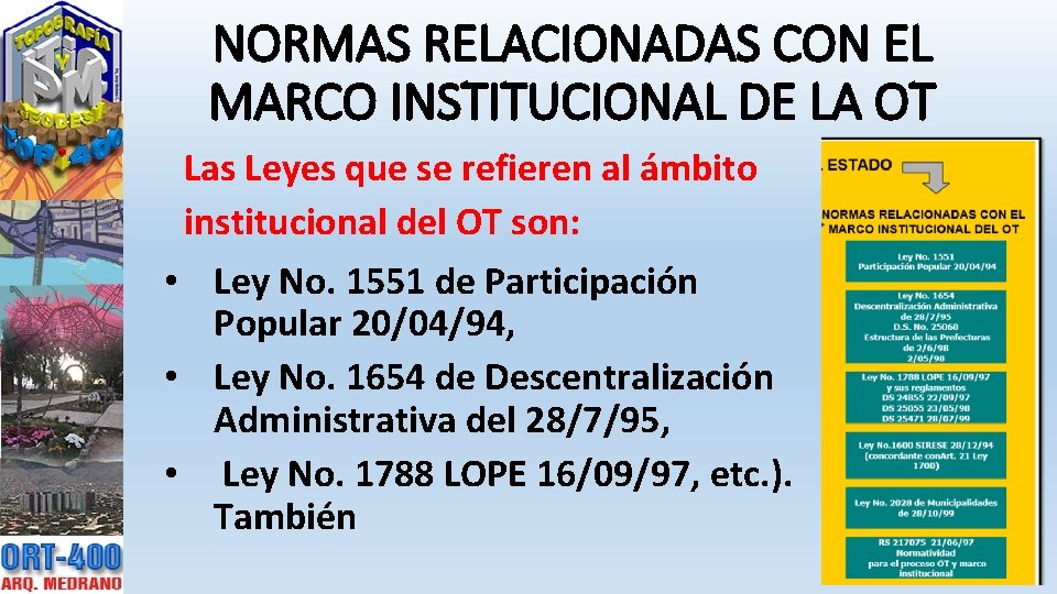 NORMAS RELACIONADAS CON EL MARCO INSTITUCIONAL DE LA OT Las Leyes que se refieren