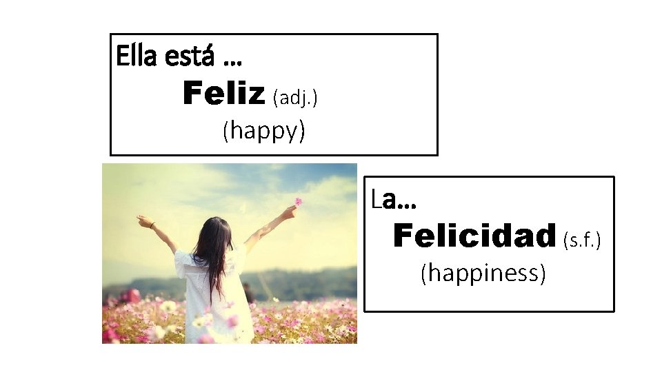 Ella está … Feliz (adj. ) (happy) La… Felicidad (s. f. ) (happiness) 