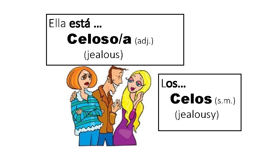 Ella está … Celoso/a (adj. ) (jealous) Los… Celos (s. m. ) (jealousy) 