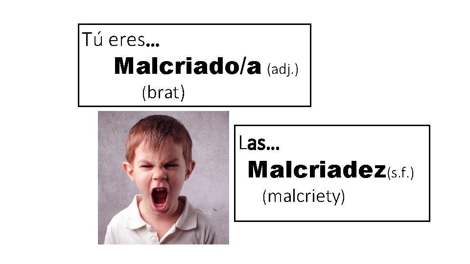 Tú eres… Malcriado/a (adj. ) (brat) Las… Malcriadez(s. f. ) (malcriety) 