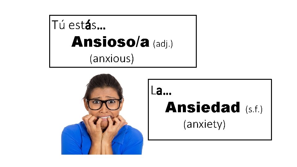 Tú estás… Ansioso/a (adj. ) (anxious) La… Ansiedad (anxiety) (s. f. ) 