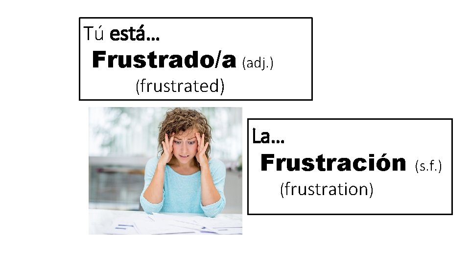 Tú está… Frustrado/a (adj. ) (frustrated) La… Frustración (frustration) (s. f. ) 