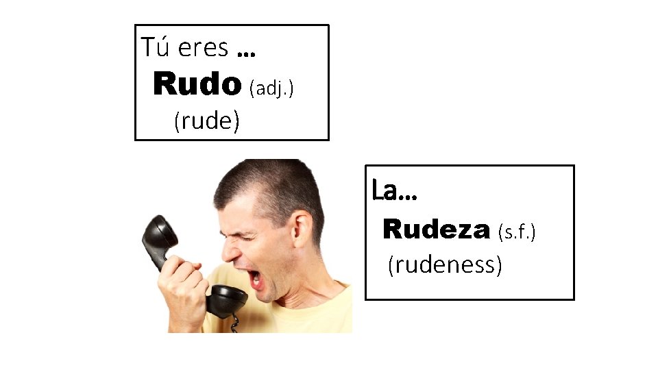 Tú eres … Rudo (adj. ) (rude) La… Rudeza (s. f. ) (rudeness) 