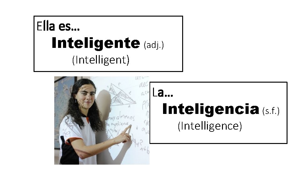 Ella es… Inteligente (adj. ) (Intelligent) La… Inteligencia (s. f. ) (Intelligence) 