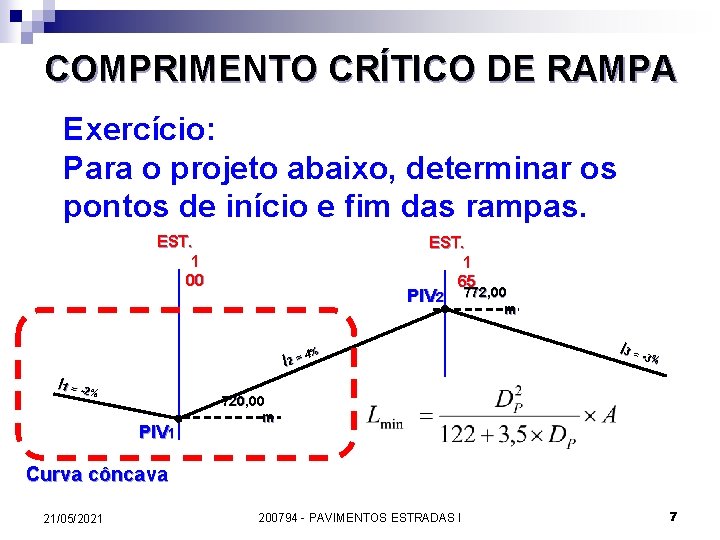 COMPRIMENTO CRÍTICO DE RAMPA Exercício: Para o projeto abaixo, determinar os pontos de início