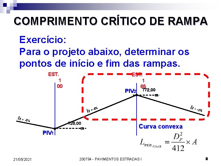 COMPRIMENTO CRÍTICO DE RAMPA Exercício: Para o projeto abaixo, determinar os pontos de início