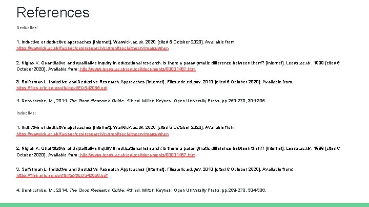 References Deductive: 1. inductive or deductive approaches [Internet]. Warwick. ac. uk. 2020 [cited 6