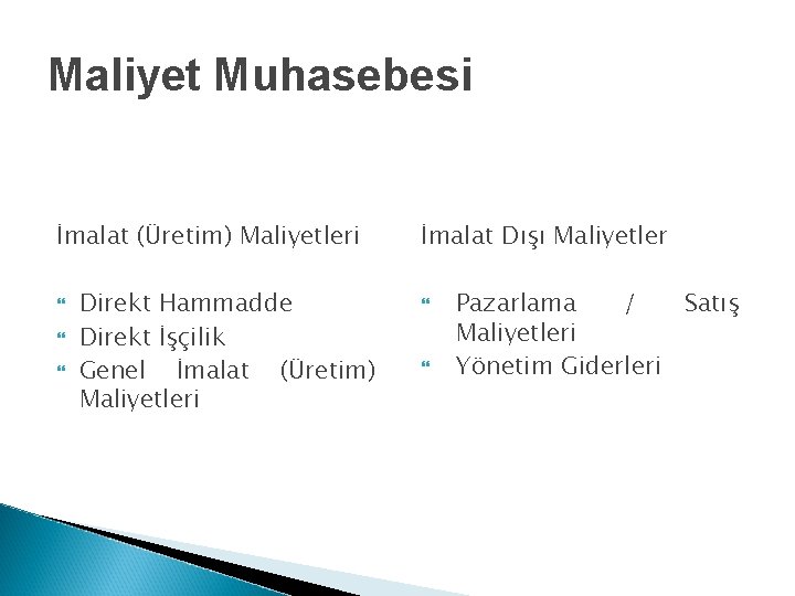 Maliyet Muhasebesi İmalat (Üretim) Maliyetleri Direkt Hammadde Direkt İşçilik Genel İmalat (Üretim) Maliyetleri İmalat