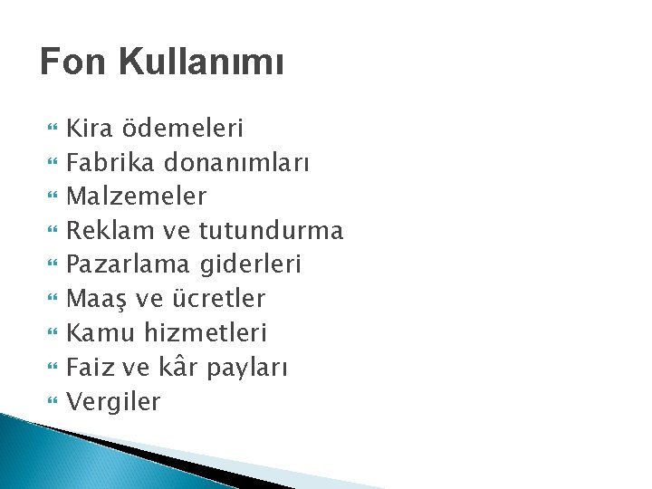 Fon Kullanımı Kira ödemeleri Fabrika donanımları Malzemeler Reklam ve tutundurma Pazarlama giderleri Maaş ve