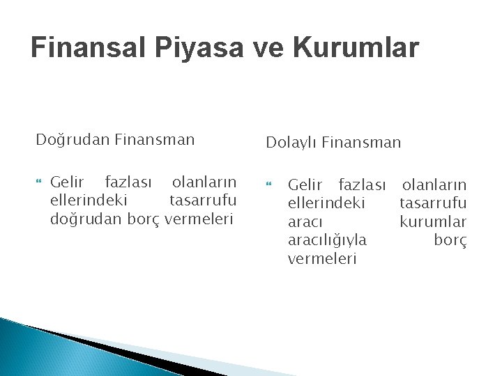 Finansal Piyasa ve Kurumlar Doğrudan Finansman Gelir fazlası olanların ellerindeki tasarrufu doğrudan borç vermeleri