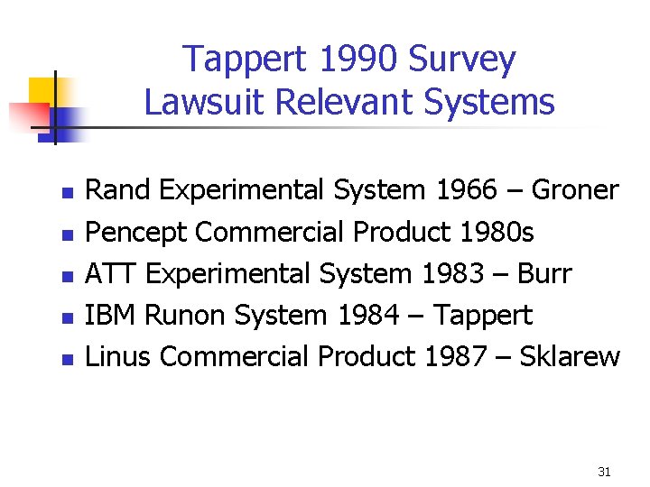 Tappert 1990 Survey Lawsuit Relevant Systems n n n Rand Experimental System 1966 –