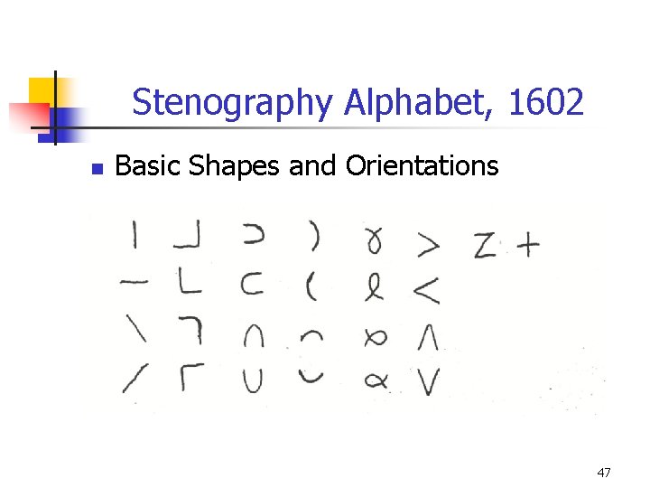 Stenography Alphabet, 1602 n Basic Shapes and Orientations 47 