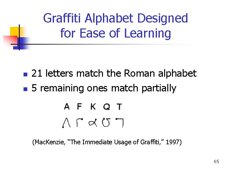 Graffiti Alphabet Designed for Ease of Learning n n 21 letters match the Roman