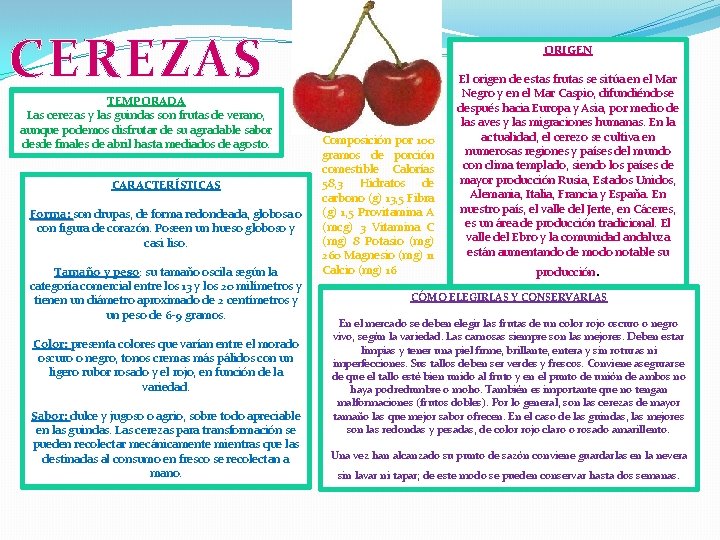 CEREZAS TEMPORADA Las cerezas y las guindas son frutas de verano, aunque podemos disfrutar CEREZAS TEMPORADA Las cerezas y las guindas son frutas de verano, aunque podemos disfrutar