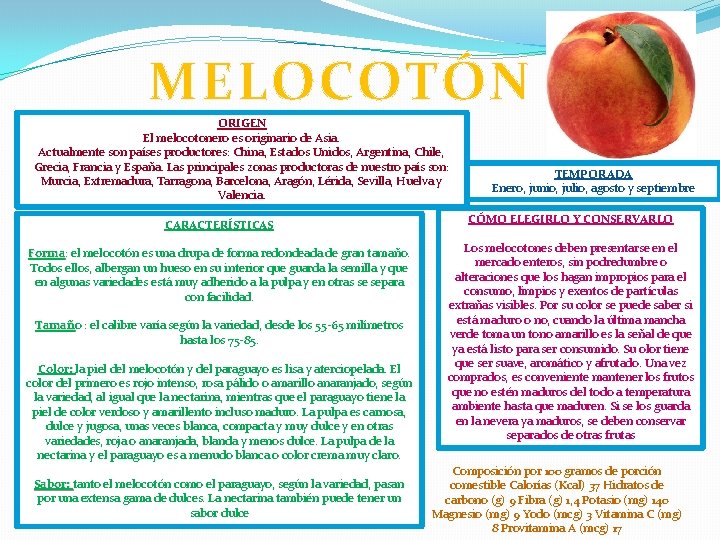 MELOCOTÓN ORIGEN El melocotonero es originario de Asia. Actualmente son países productores: China, Estados MELOCOTÓN ORIGEN El melocotonero es originario de Asia. Actualmente son países productores: China, Estados