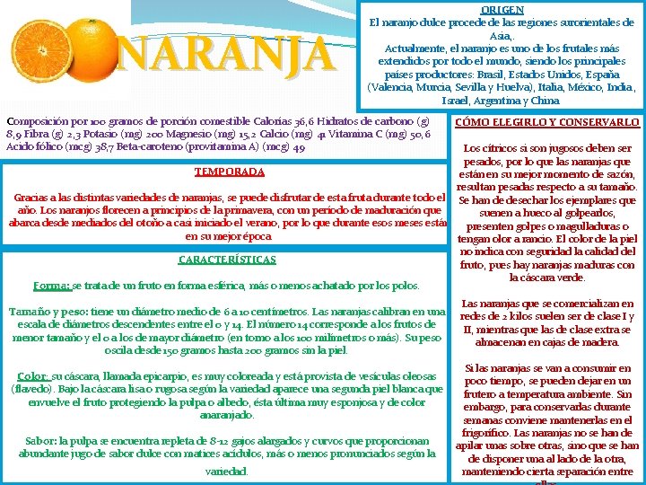 NARANJA ORIGEN El naranjo dulce procede de las regiones surorientales de Asia, . Actualmente, NARANJA ORIGEN El naranjo dulce procede de las regiones surorientales de Asia, . Actualmente,