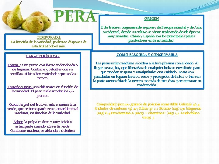 PERA TEMPORADA En función de la variedad, podemos disponer de esta fruta todo el PERA TEMPORADA En función de la variedad, podemos disponer de esta fruta todo el