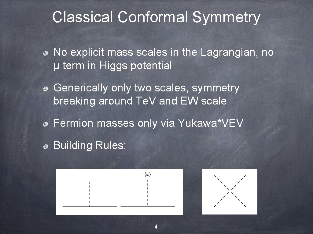 Classical Conformal Symmetry No explicit mass scales in the Lagrangian, no μ term in