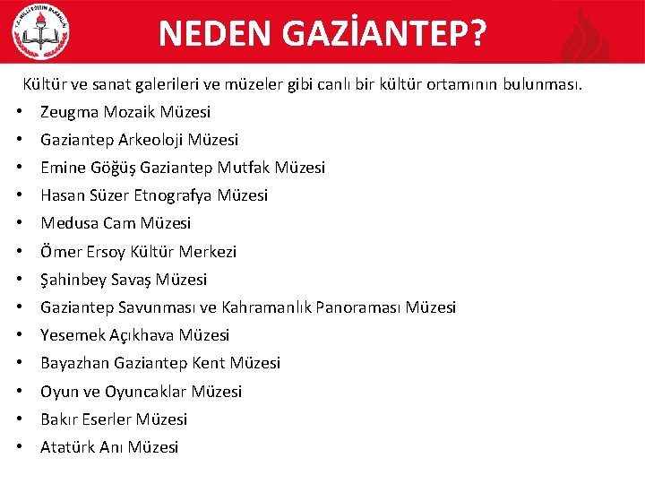 NEDEN GAZİANTEP? Kültür ve sanat galeri ve müzeler gibi canlı bir kültür ortamının bulunması.