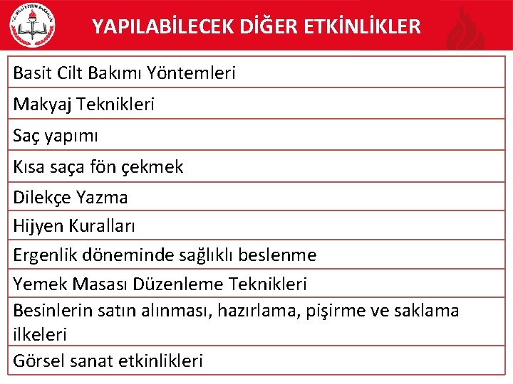 YAPILABİLECEK DİĞER ETKİNLİKLER Basit Cilt Bakımı Yöntemleri Makyaj Teknikleri Saç yapımı Kısa saça fön