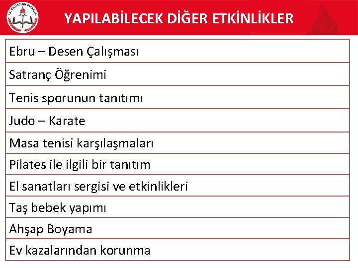 YAPILABİLECEK DİĞER ETKİNLİKLER Ebru – Desen Çalışması Satranç Öğrenimi Tenis sporunun tanıtımı Judo –