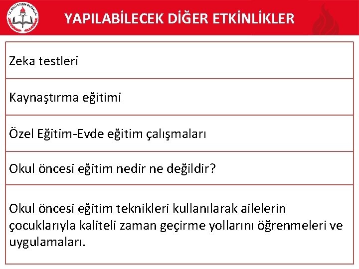 YAPILABİLECEK DİĞER ETKİNLİKLER Zeka testleri Kaynaştırma eğitimi Özel Eğitim-Evde eğitim çalışmaları Okul öncesi eğitim