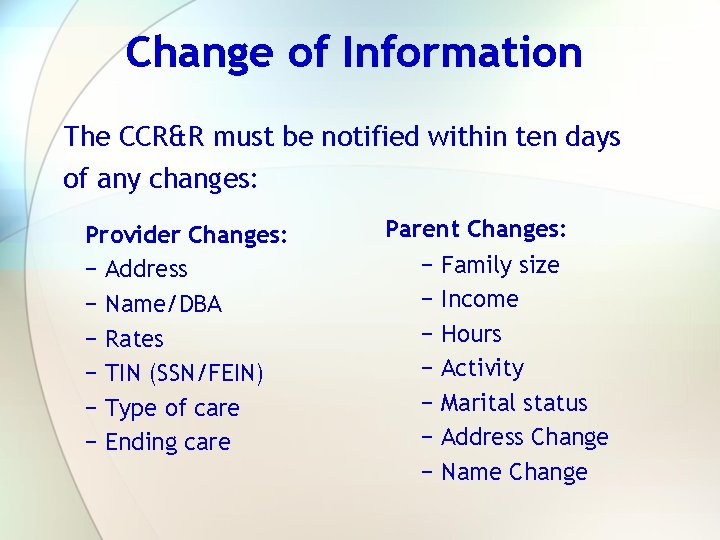 Change of Information The CCR&R must be notified within ten days of any changes: