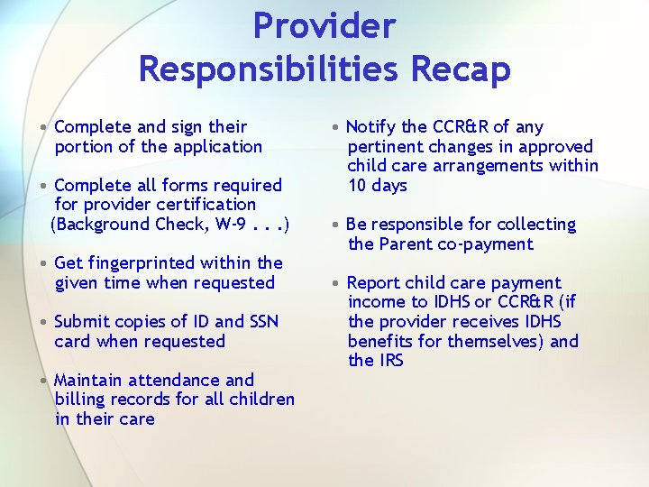 Provider Responsibilities Recap • Complete and sign their portion of the application • Complete