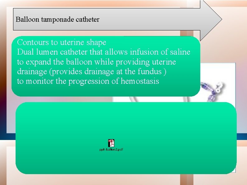 Balloon tamponade catheter Contours to uterine shape Dual lumen catheter that allows infusion of