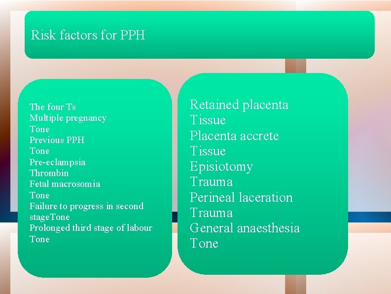 Risk factors for PPH The four Ts Multiple pregnancy Tone Previous PPH Tone Pre-eclampsia