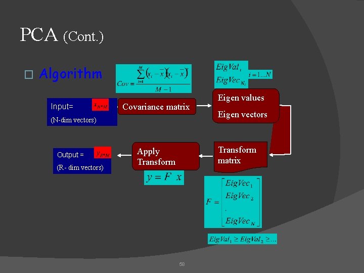 PCA (Cont. ) � Algorithm Input= Covariance matrix (N-dim vectors) Output = (R- dim