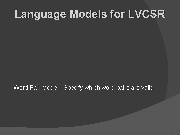 Language Models for LVCSR Word Pair Model: Specify which word pairs are valid 69