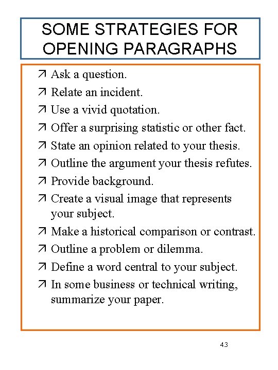 SOME STRATEGIES FOR OPENING PARAGRAPHS Ask a question. Relate an incident. Use a vivid