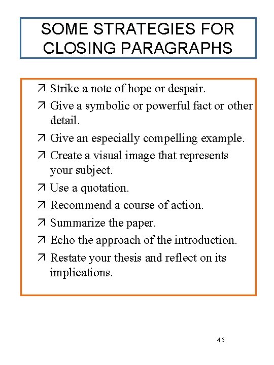 SOME STRATEGIES FOR CLOSING PARAGRAPHS Strike a note of hope or despair. Give a