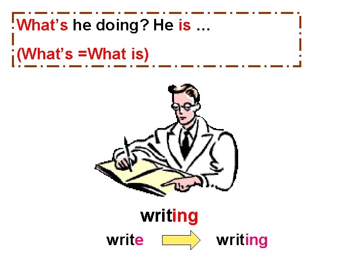 What’s he doing? He is … (What’s =What is) writing write writing 