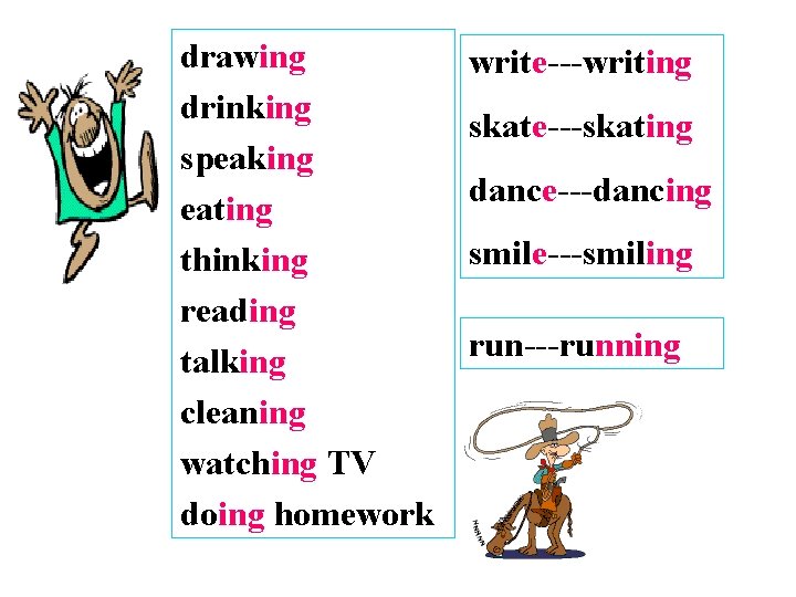 drawing drinking speaking eating thinking reading talking cleaning watching TV doing homework write---writing skate---skating