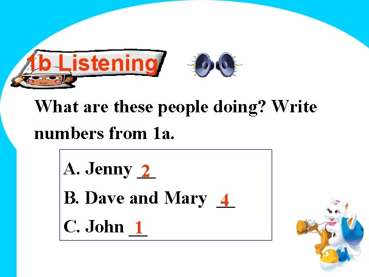 1 b Listening What are these people doing? Write numbers from 1 a. A.