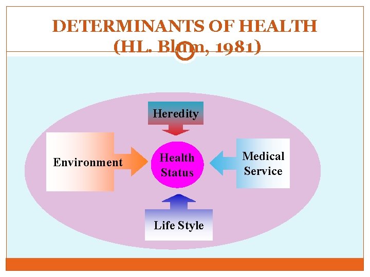 DETERMINANTS OF HEALTH (HL. Blum, 1981) Heredity Environment Health Status Life Style Medical Service DETERMINANTS OF HEALTH (HL. Blum, 1981) Heredity Environment Health Status Life Style Medical Service